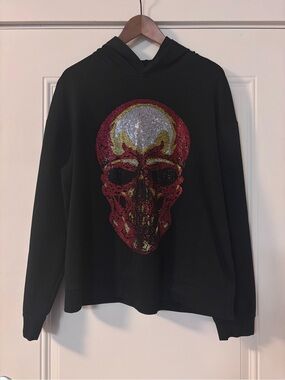 Men’s Black Crewneck Sweater with Red and Gold Skull Graphic